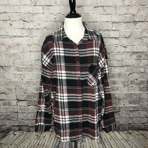 Brandy Melville Red‎ Black Plaid Flannel Shirt One Size Button Long Sleeve